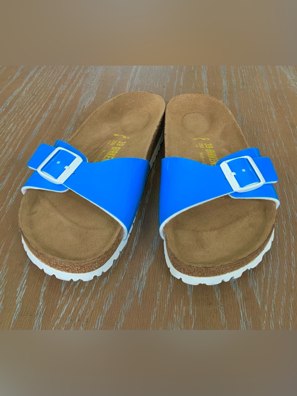 Birkenstock Patent Buckle Slide Sandals Blue/White Cork Footbed US 8